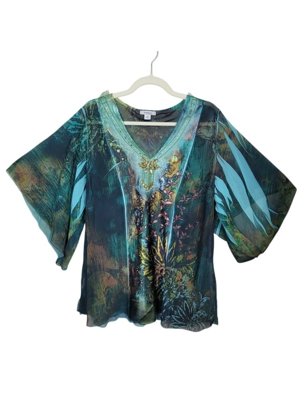Dress Barn Woman Semi Sheer Bohemian Embellished Tunic Rhinestones Sequins 1X